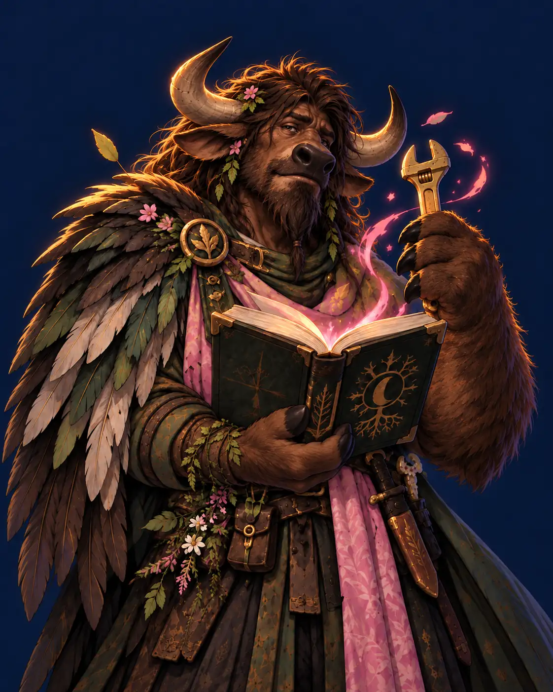 A Tauren druid mid-shapeshift, with a bear paw and bird feathers, carrying a wrench and spellbook beside a healing herb and sheathed knife.