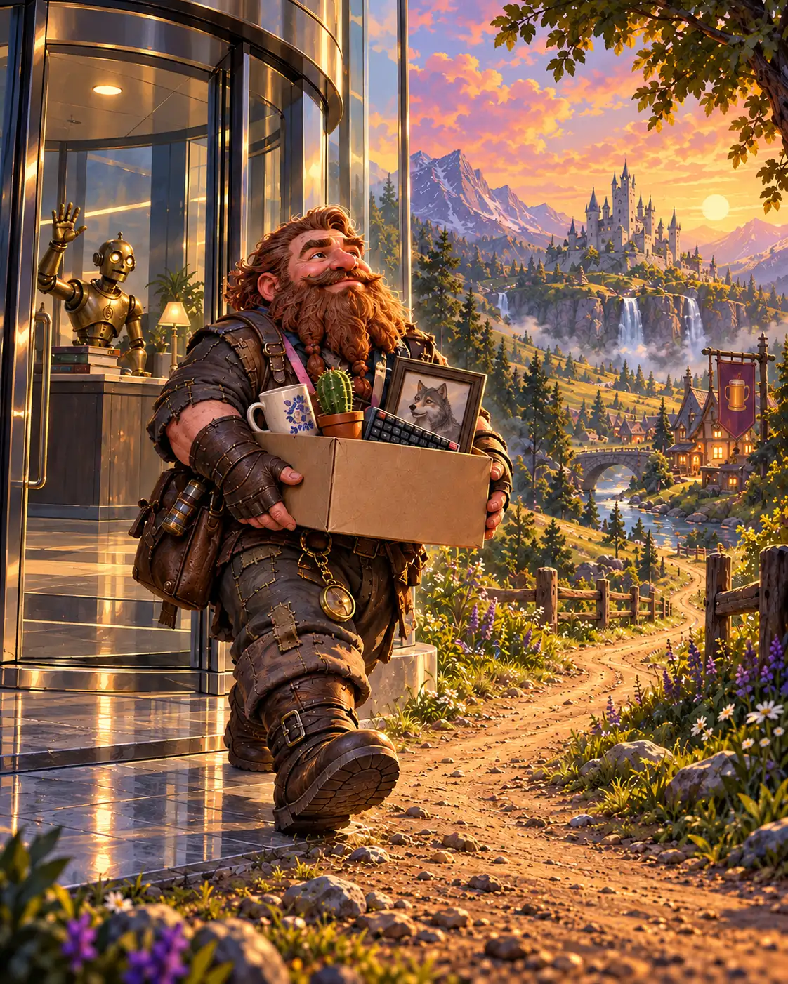 A stout bearded tinkerer in patched leather and a lanyard carries a cardboard box of desk belongings out of a glass corporate tower and onto a dirt road that winds into a golden fantasy valley.