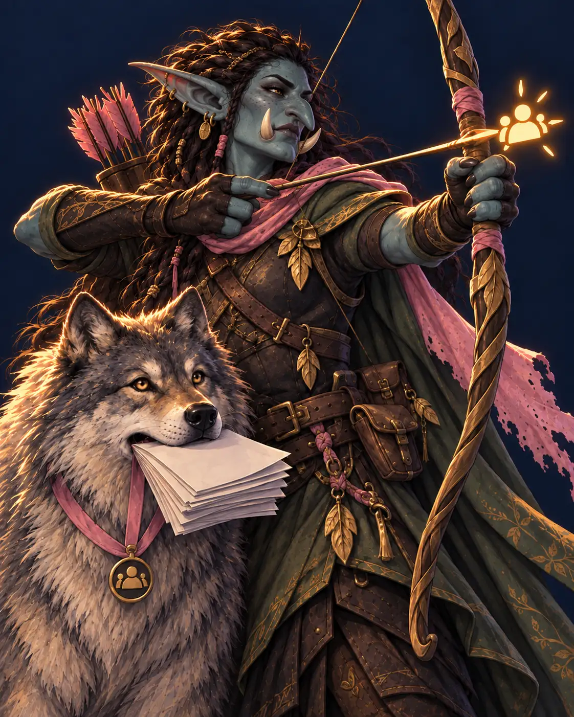 A Troll ranger aims a glowing marker at something off-frame while a large loyal beast in a tiny lanyard carries a stack of résumés in its teeth.