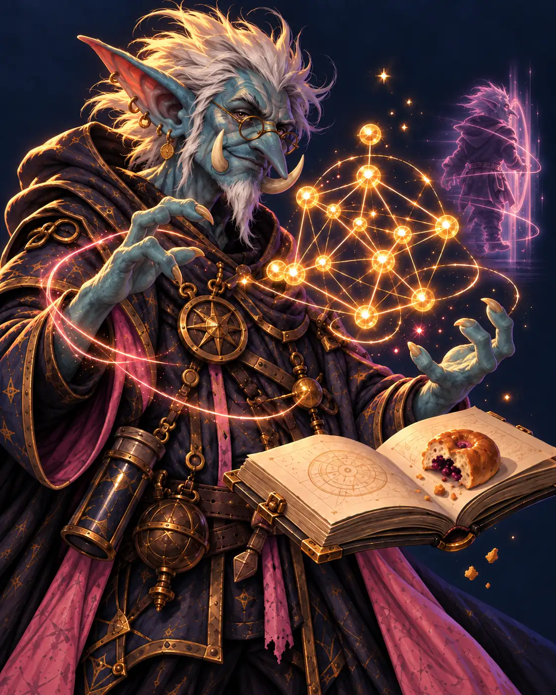 A Troll spellcaster conjures a floating lattice of glowing nodes, a half-eaten snack on a floating book, with a ghosted Troll silhouette blinking out of frame.