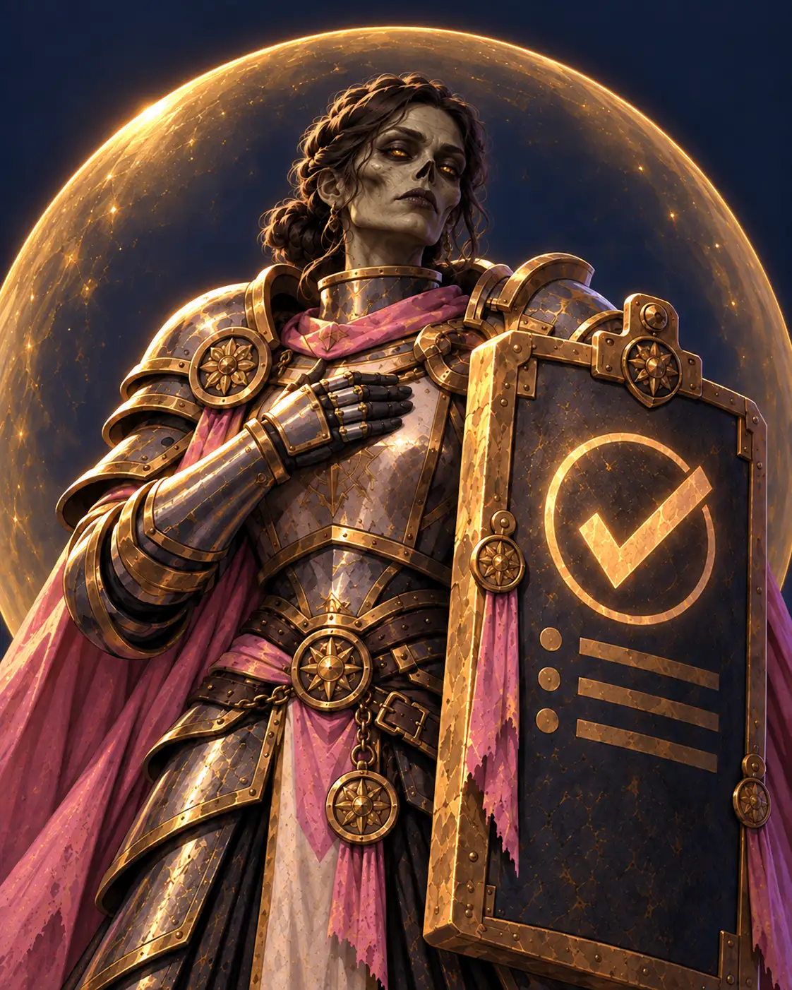 An Undead knight in gleaming armor inside a translucent golden bubble holds a clipboard shield with a large checkmark rune, absolutely unbothered.