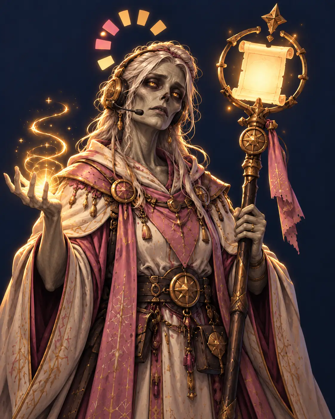 An Undead healer with a wired headset and a halo shaped like a loading spinner, holding a staff topped with a glowing ticket scroll.