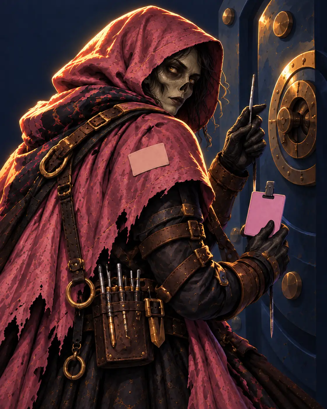 A hooded Undead rogue seen from behind, already inside a vault, holding a lockpick and a badge that is not theirs, a blank visitor sticker on the cloak.