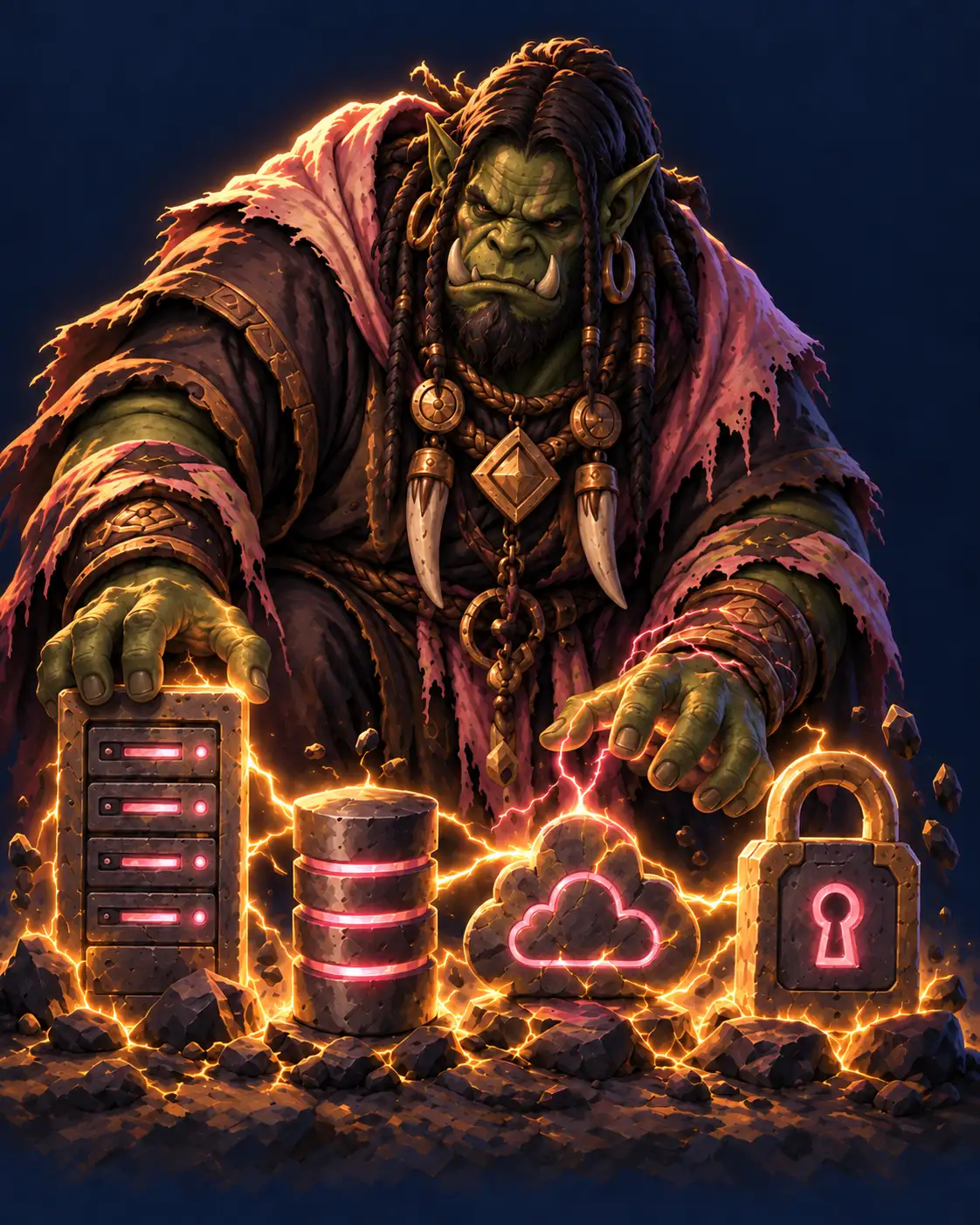 An Orc elemental caster places four small glowing totems shaped like a server, a database, a cloud and a padlock, lightning crackling between them.