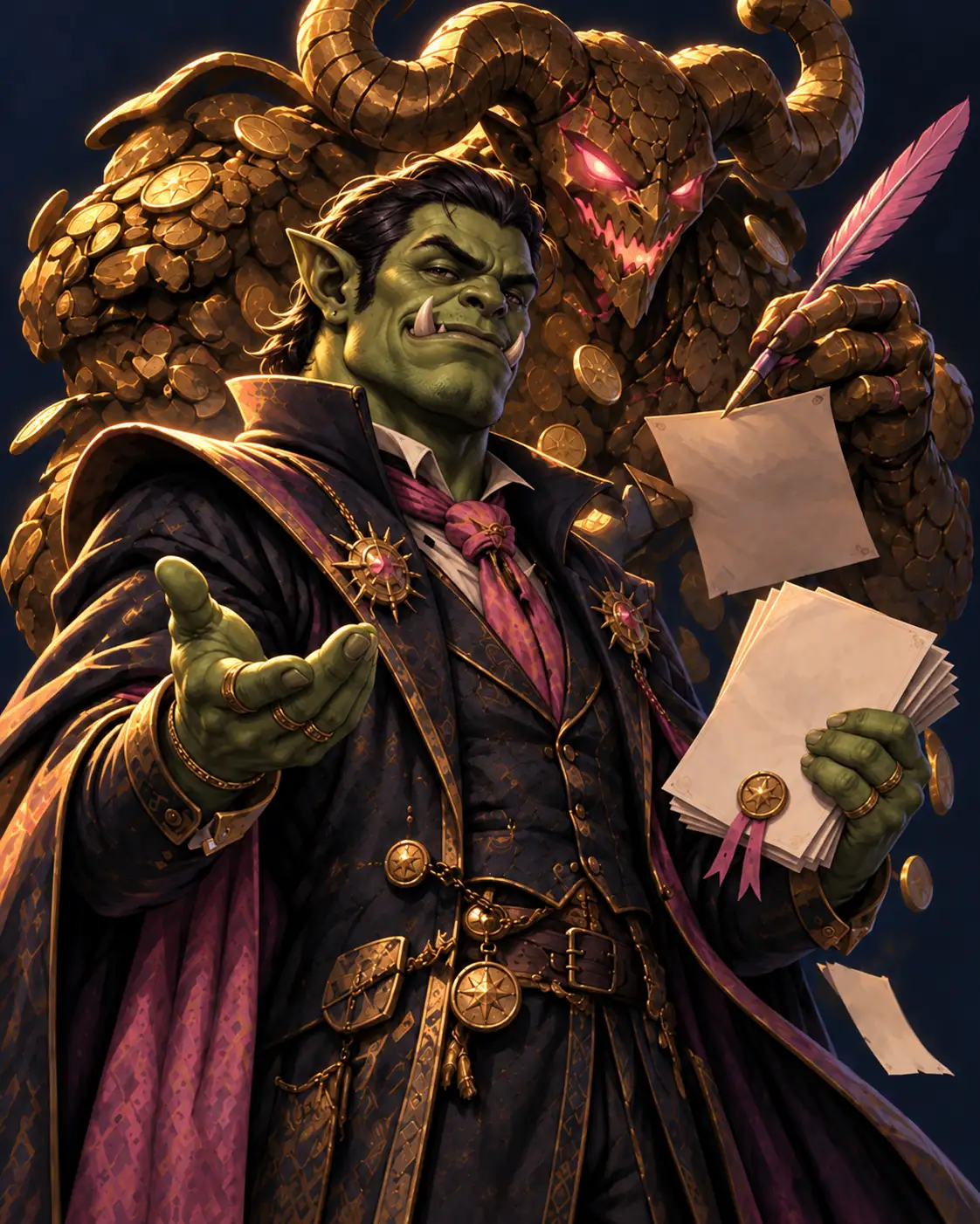 A sharply dressed Orc caster in a dark robe over a vest summons a towering demon made of coins and contracts. The demon holds a quill.