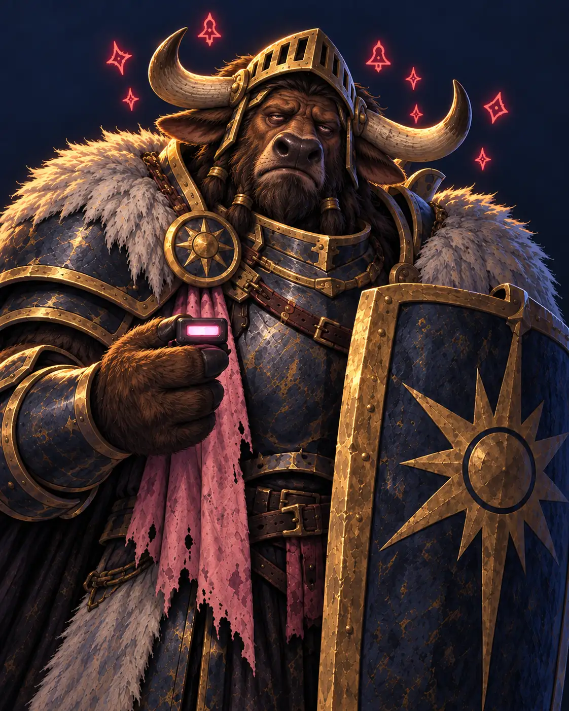 A massive plate-armored Tauren warrior holds a tower shield in one hand and a glowing pager in the other, tired eyes beneath the helmet, red notification runes floating around the horns.